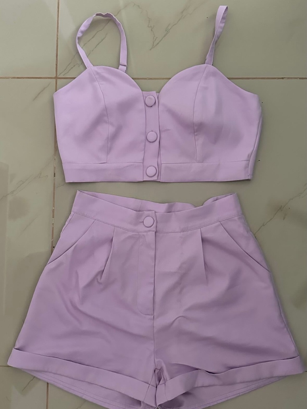 SHEIN Lilac Button-Front Crop Top & High-Waist Skirted Shorts Set